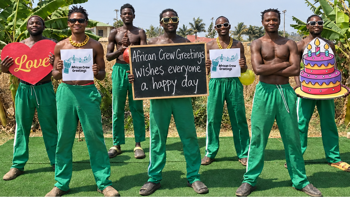 African crew holding a Happy Birthday board in a greeting video from Africa