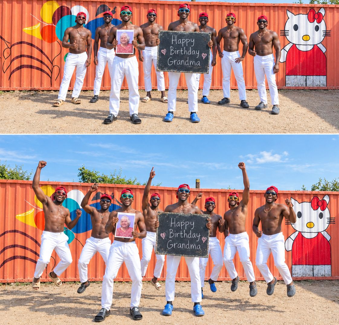 African crew with a Happy Birthday Grandma board in a greeting video from Africa