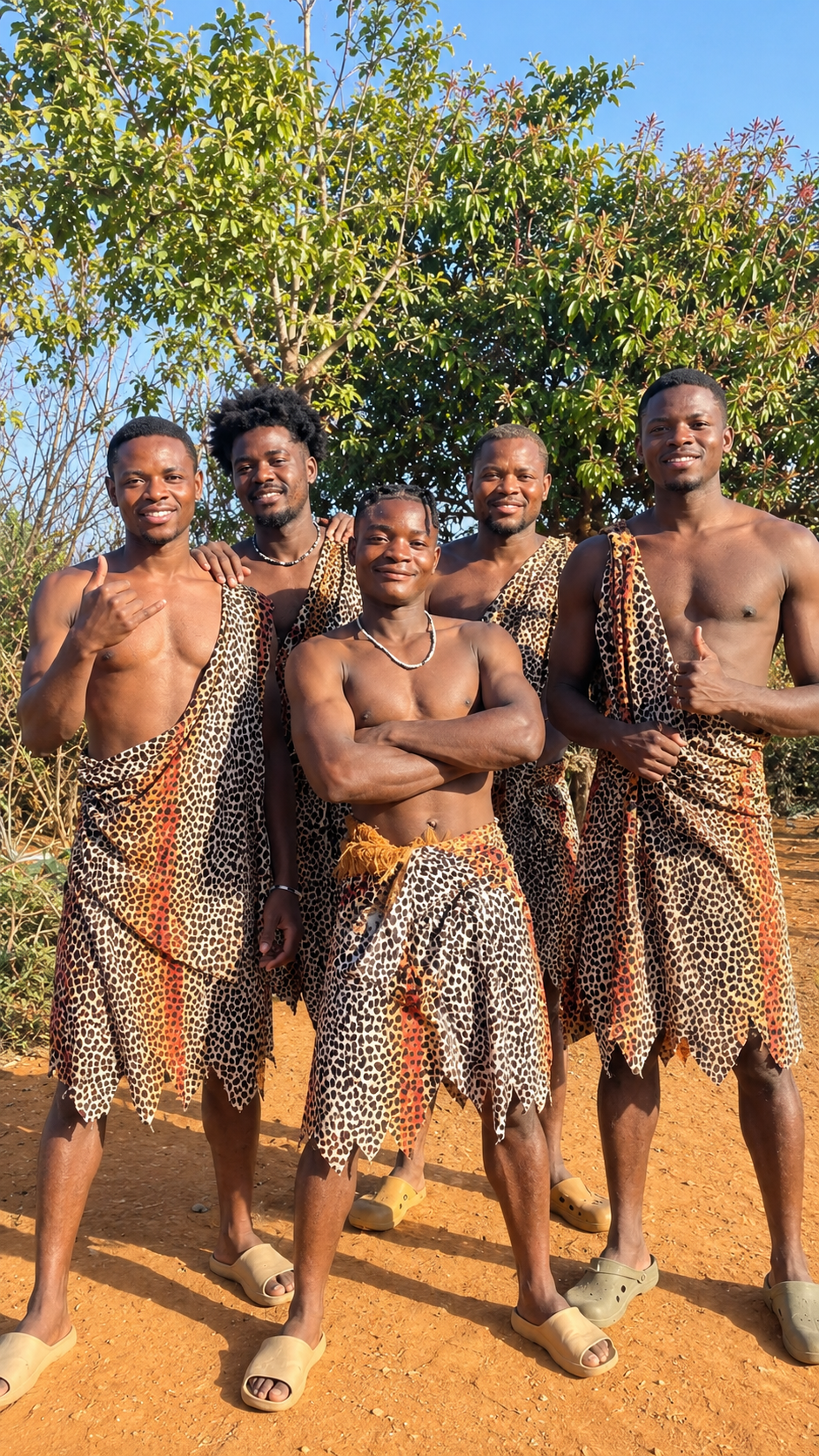 Tiger Crew in leopard print outfits performing an African greeting video in the sun